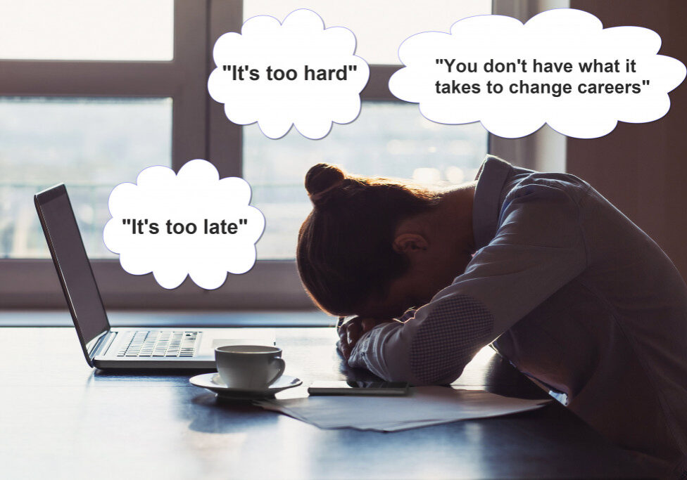 Woman Head on Desk with messages